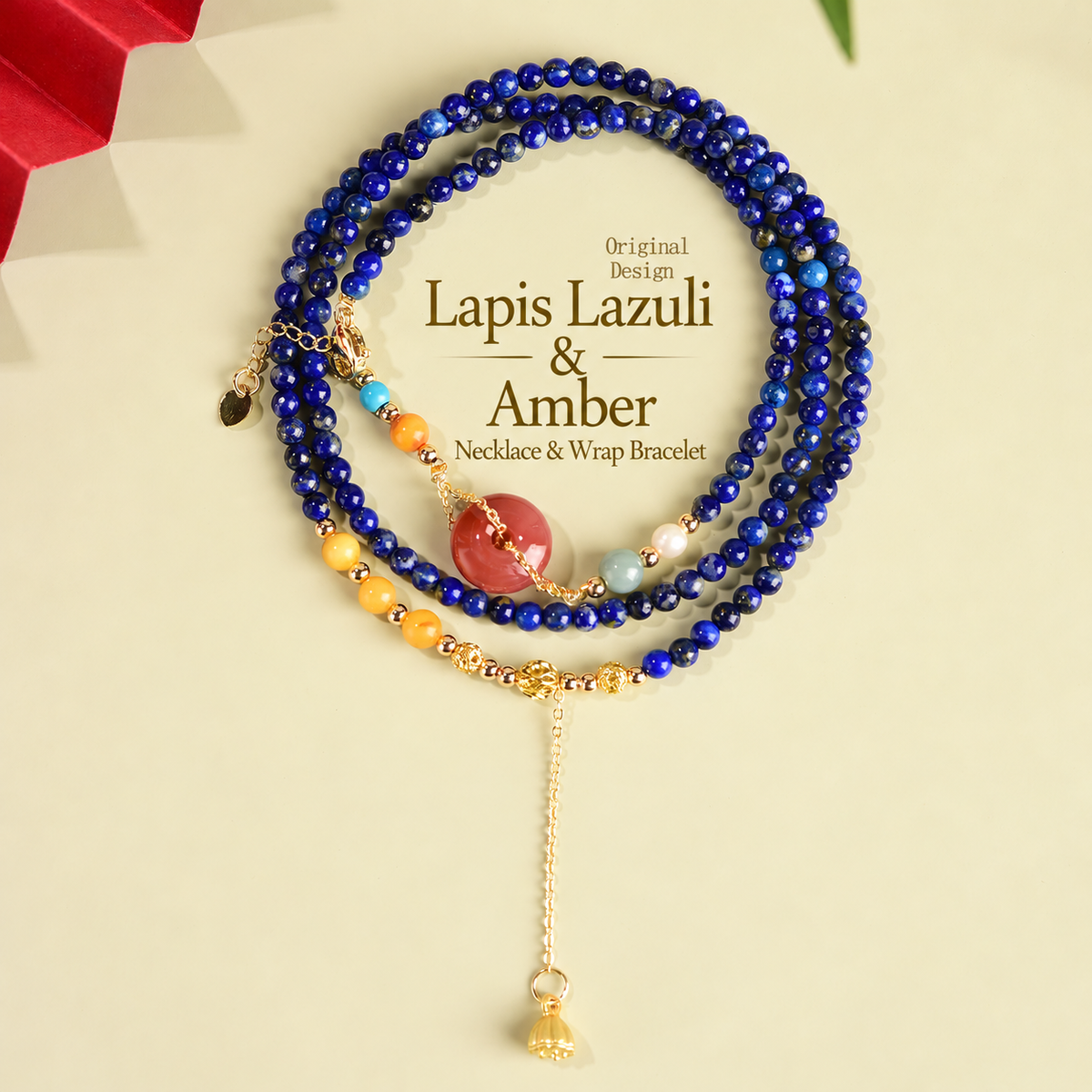 Lapis lazuli and amber necklace and wrap bracelet with English product text