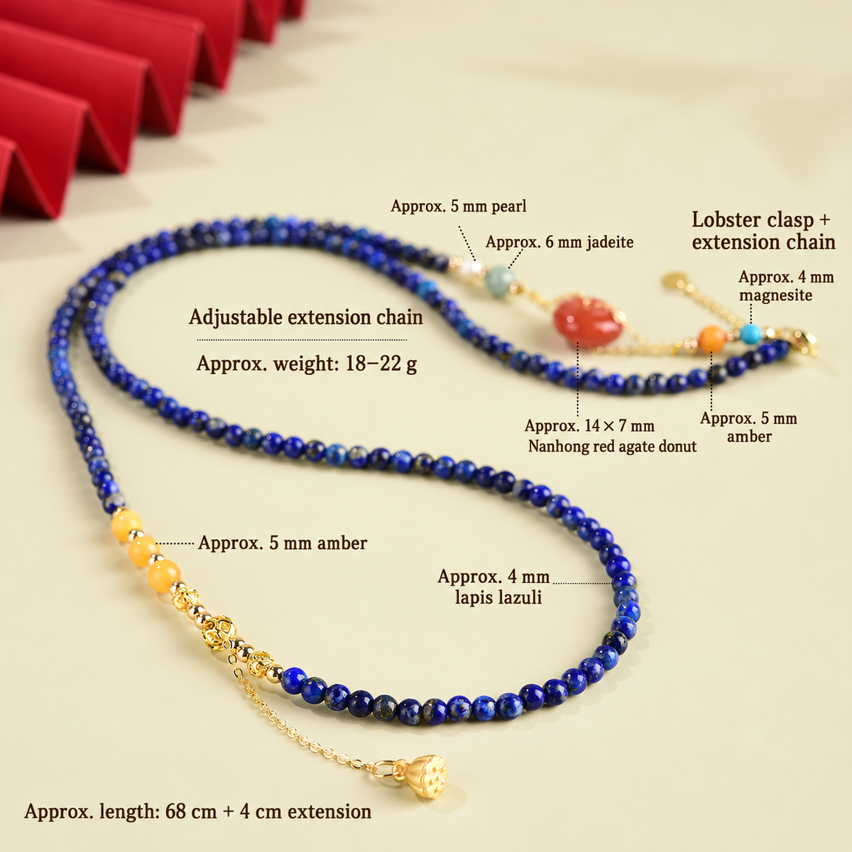 Material and size guide for 68 cm lapis necklace with 4 cm extension