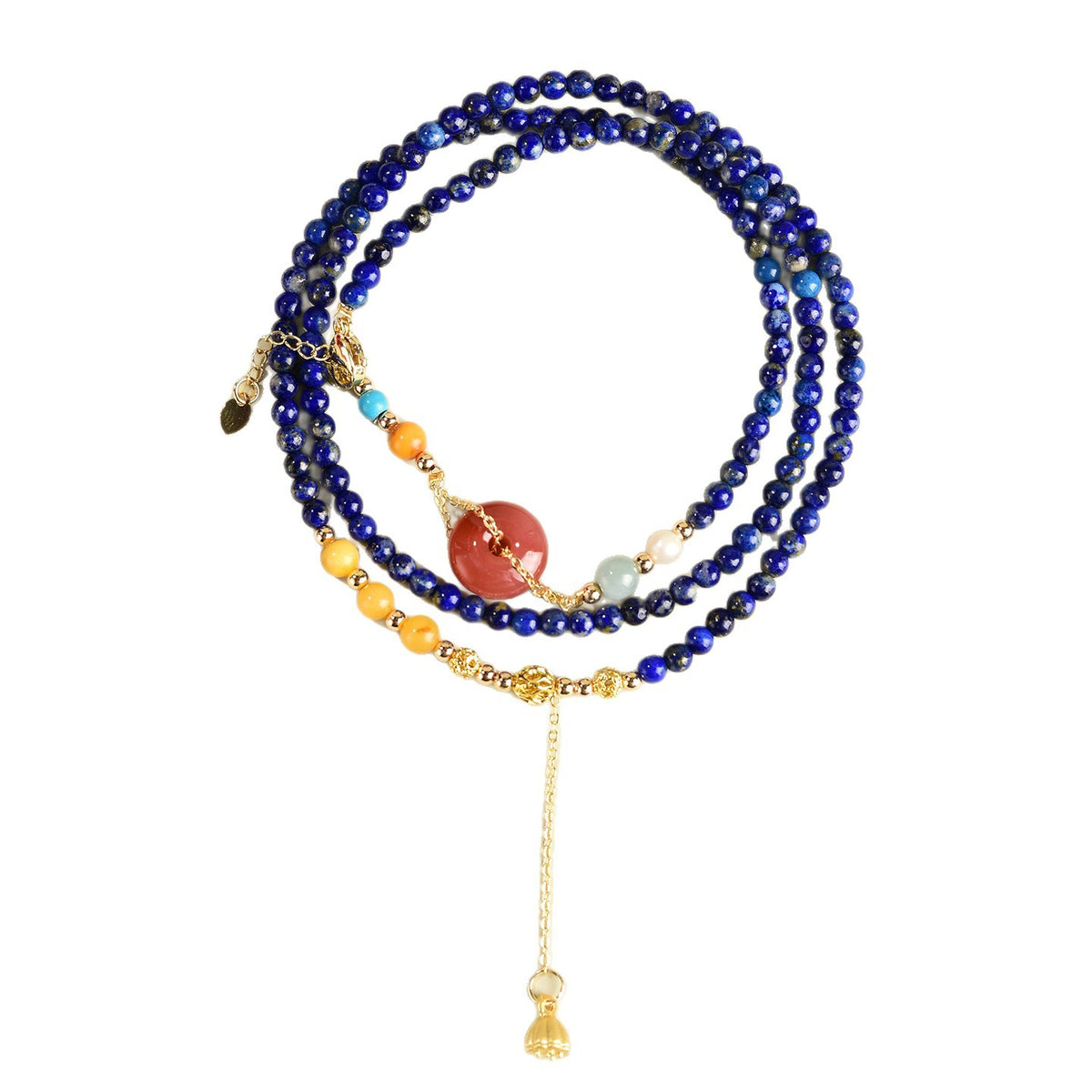 Original lapis lazuli necklace coiled with red agate donut and gold-tone charm