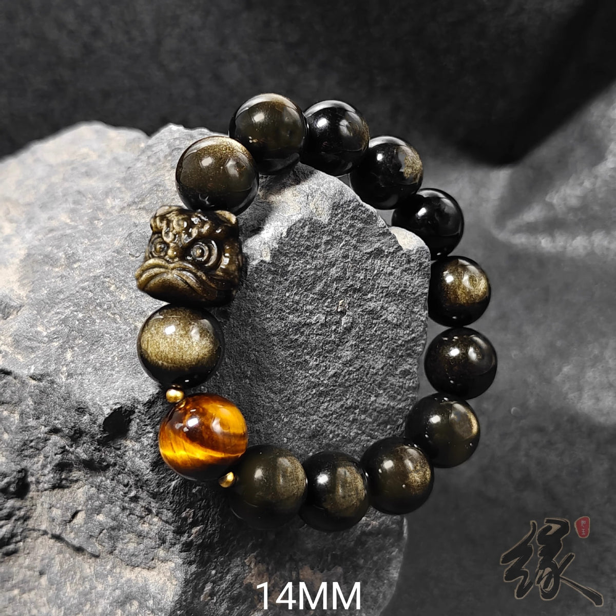 Source SKU photograph: Gold Sheen Obsidian + Tiger Eye / 14mm