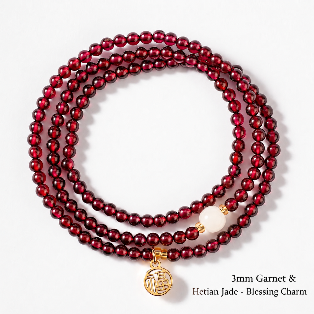 3mm Garnet & Hetian Jade - Blessing Charm