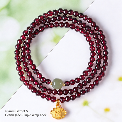 4.5mm Garnet & Hetian Jade - Triple Wrap Lock