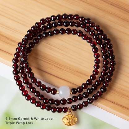 4.5mm Garnet & White Jade - Triple Wrap Lock
