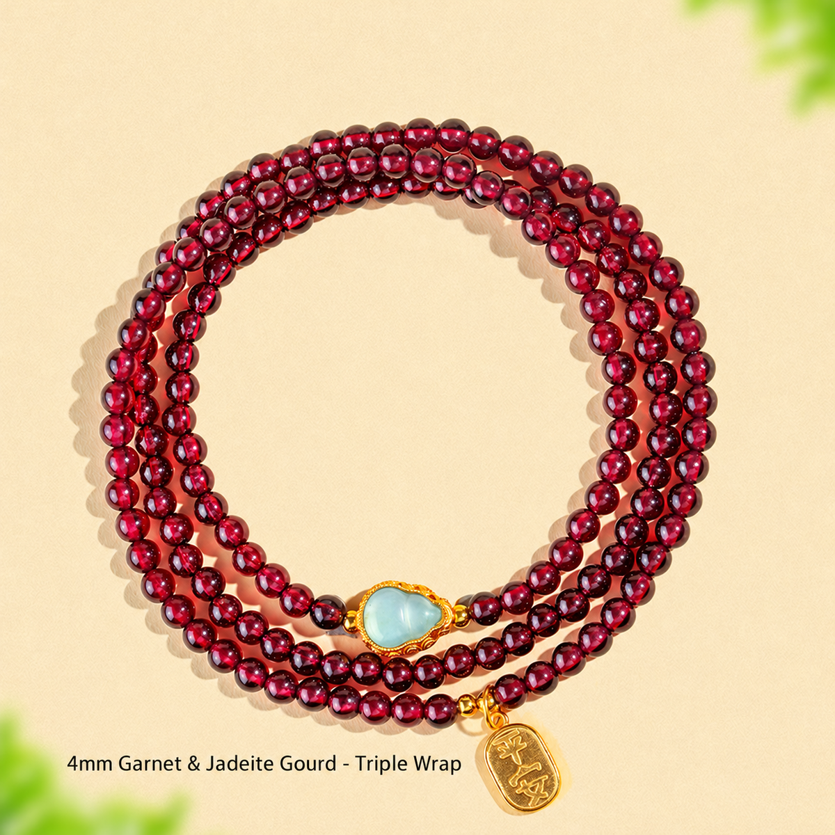 4mm Garnet & Jadeite Gourd - Triple Wrap