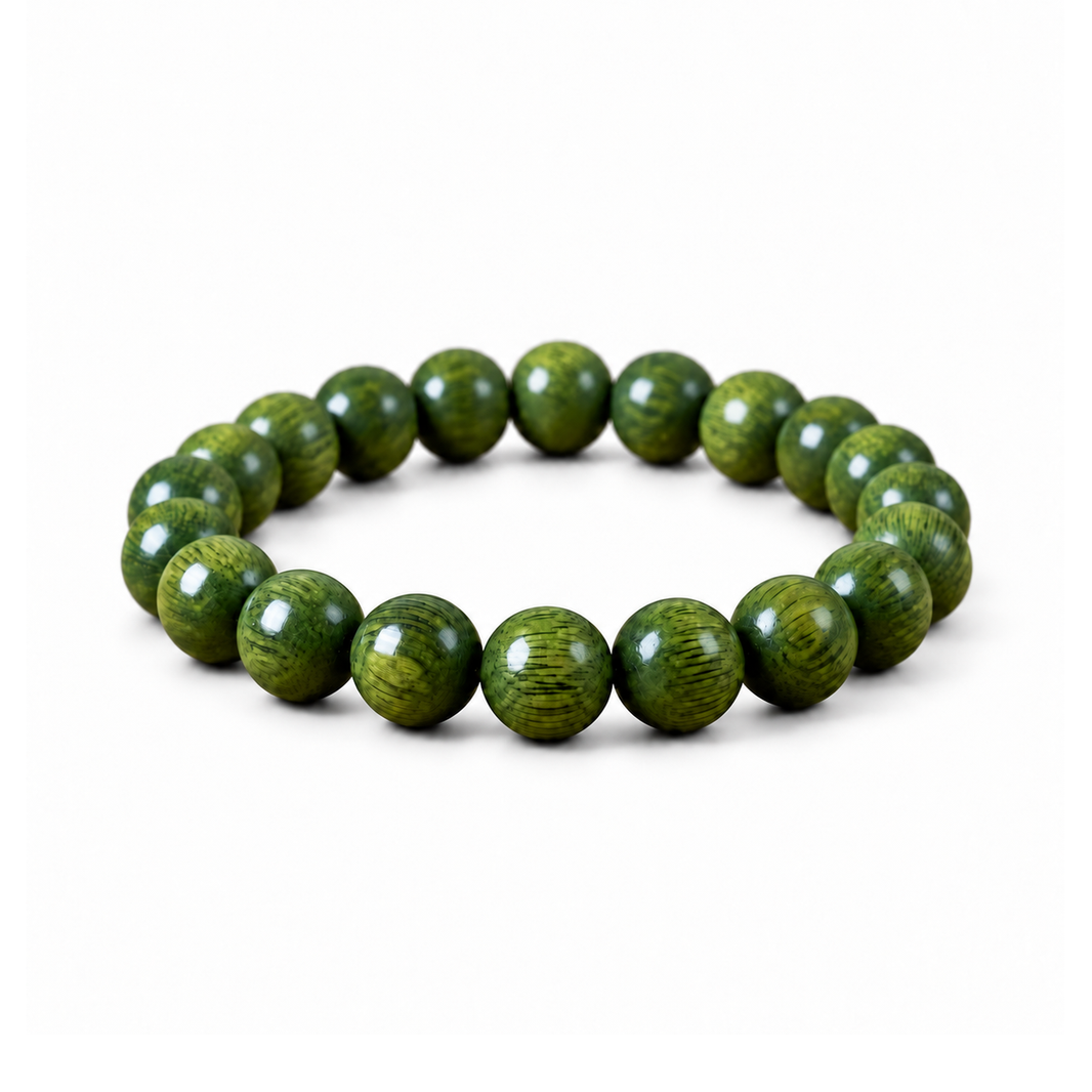 Green wood bead bracelet on pure white background