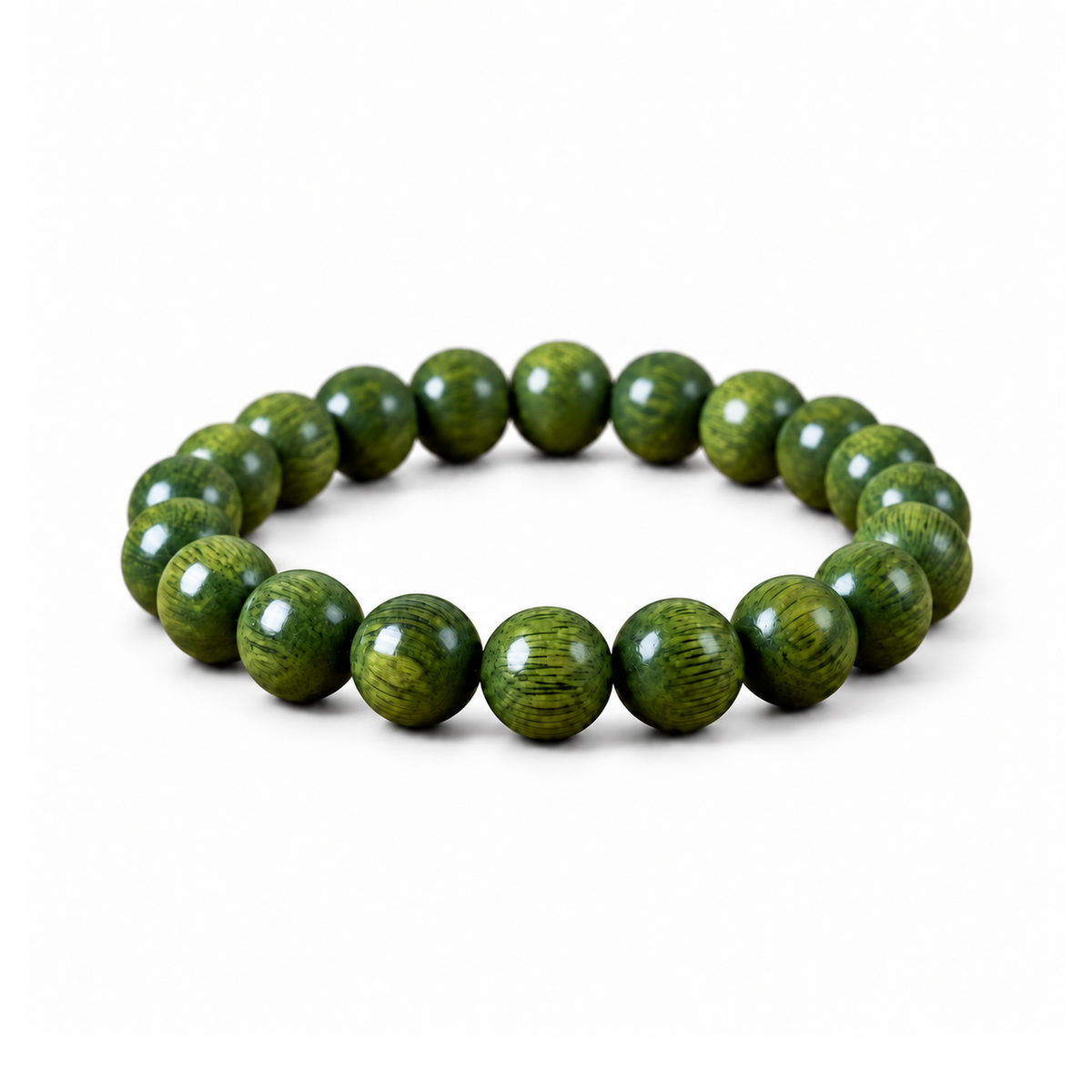 Green wood bead bracelet on pure white background