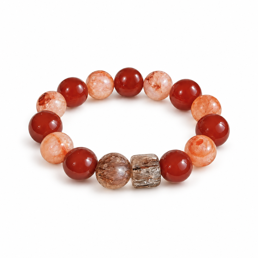 Red Fortune red agate and inclusion quartz bracelet with brown round and barrel focal beads on white