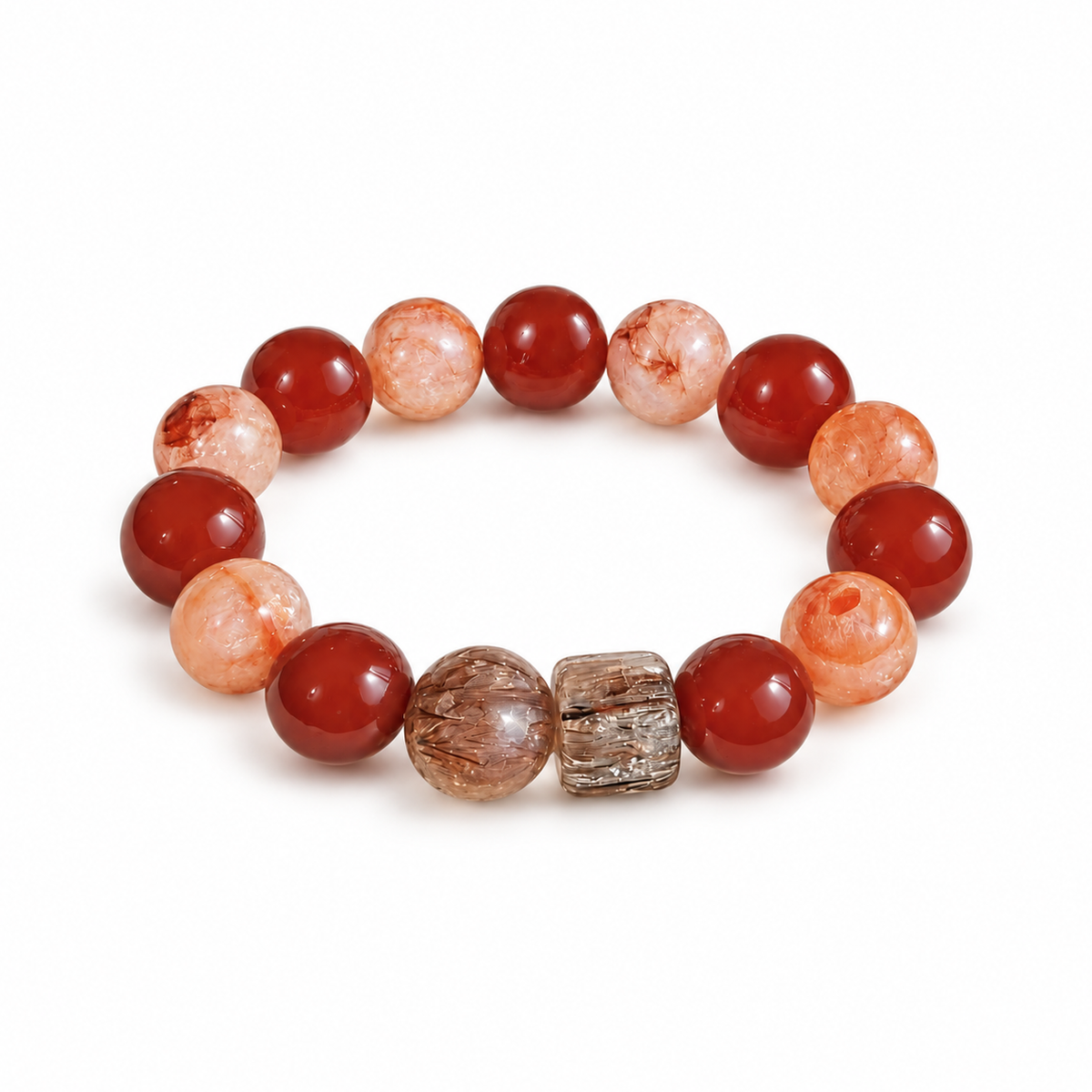 Red Fortune red agate and inclusion quartz bracelet with brown round and barrel focal beads on white