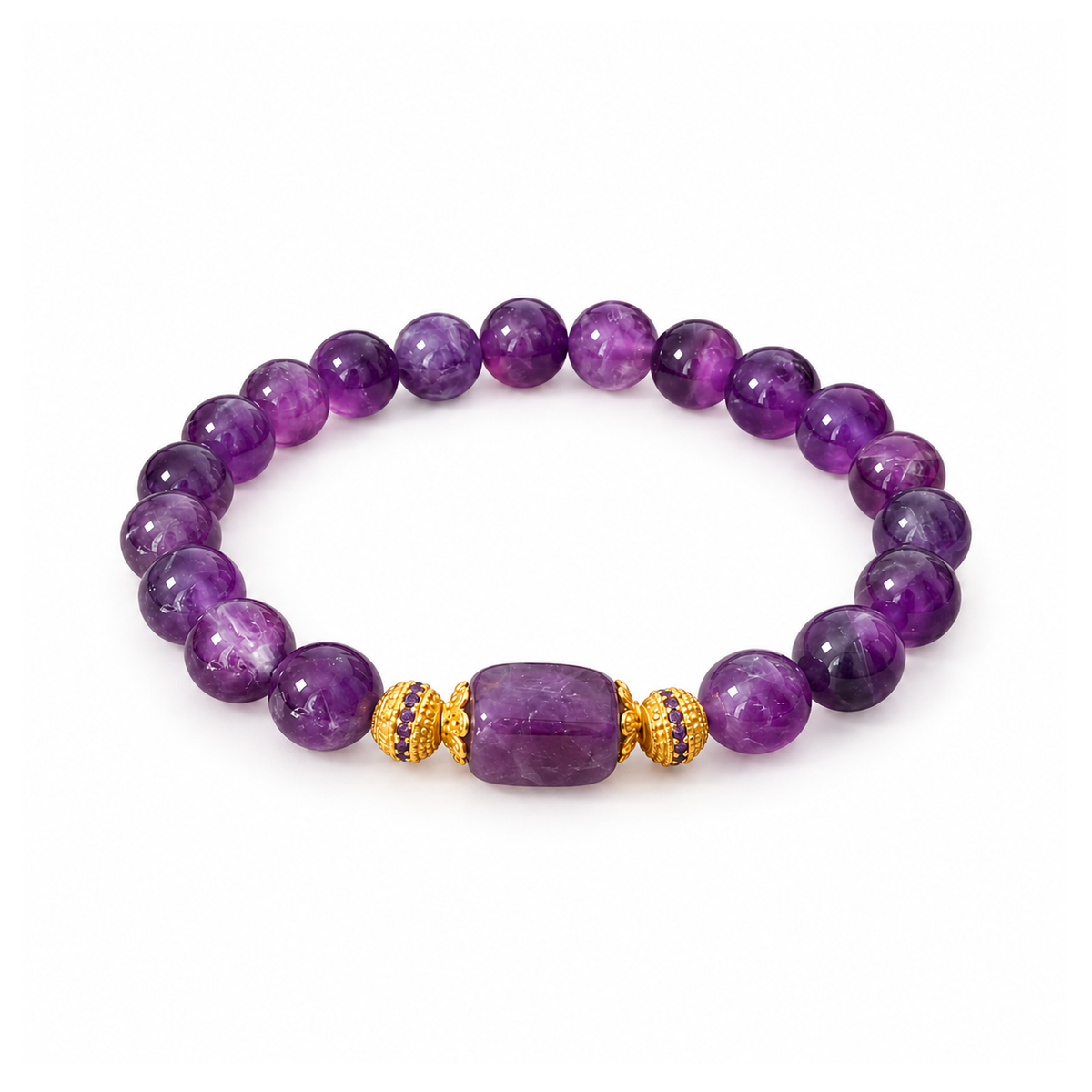 Amethyst bracelet with barrel focal and brass accents on white