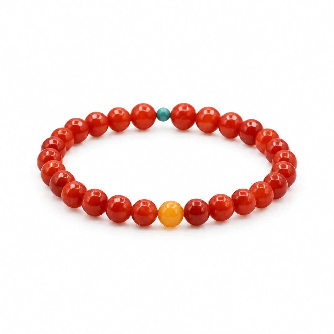 Persimmon red agate bracelet with yellow and green accent beads