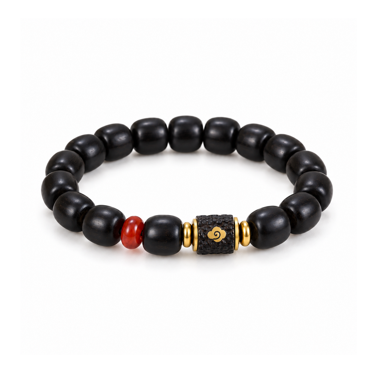 Ebony barrel bead bracelet with cloud centerpiece and red accent on white