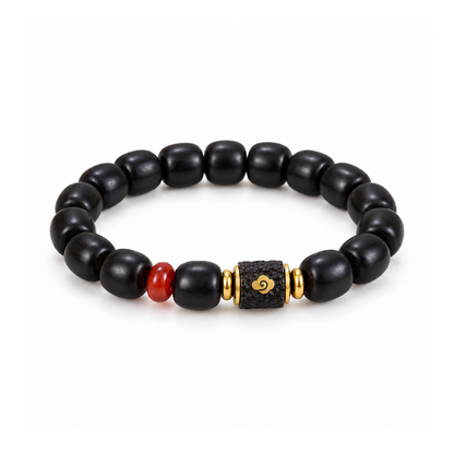 Ebony barrel bead bracelet with cloud centerpiece and red accent on white
