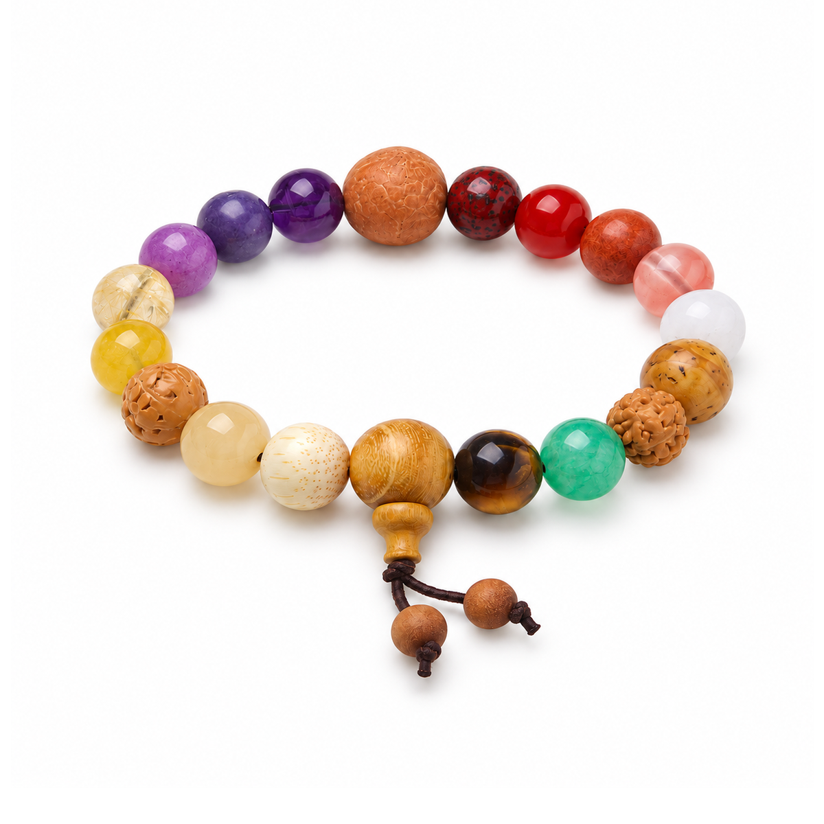 Mixed Stone & Bodhi Seed Bracelet – 10mm on a white background