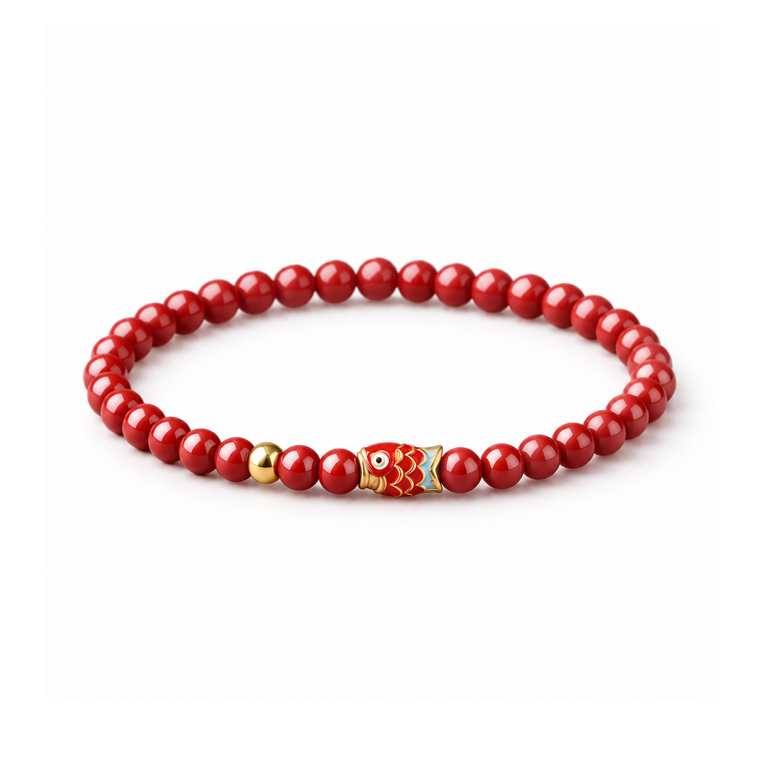 Imperial red 4mm koi bead bracelet with gold-tone bead on white