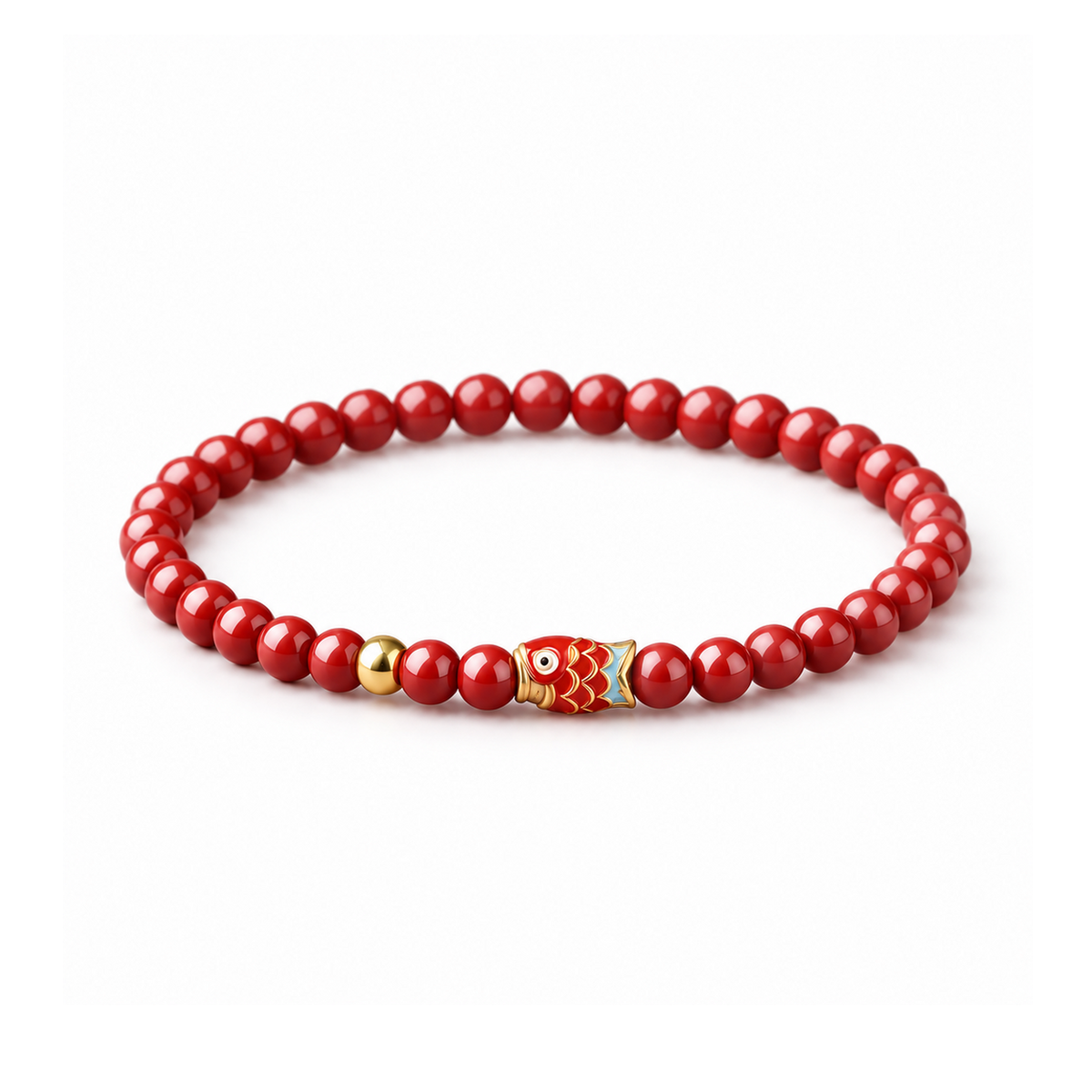 Imperial red 4mm koi bead bracelet with gold-tone bead on white