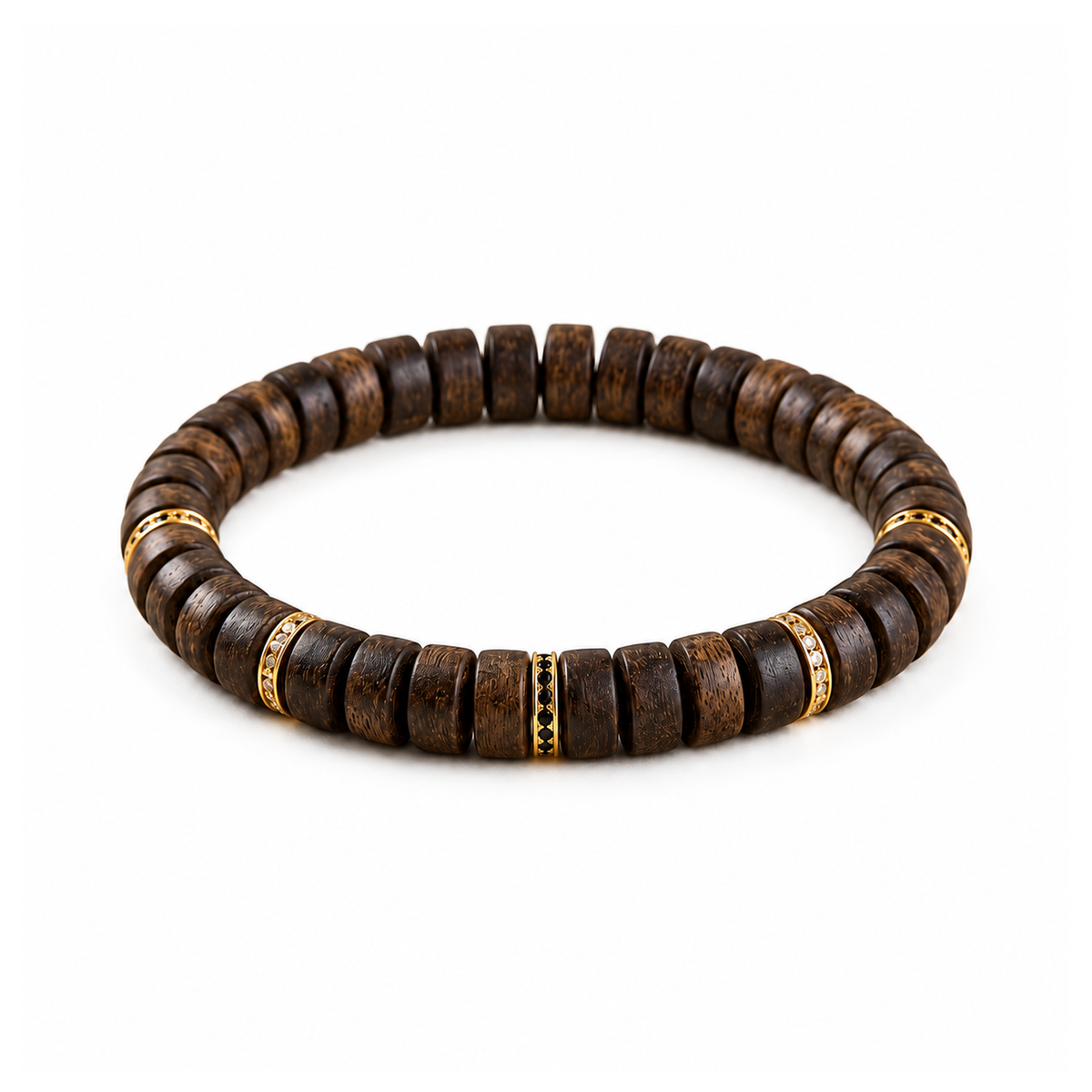 Agarwood tablet bead bracelet with gold-tone spacers on white