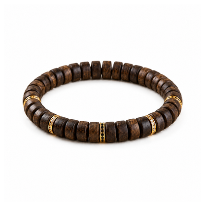 Agarwood tablet bead bracelet with gold-tone spacers on white