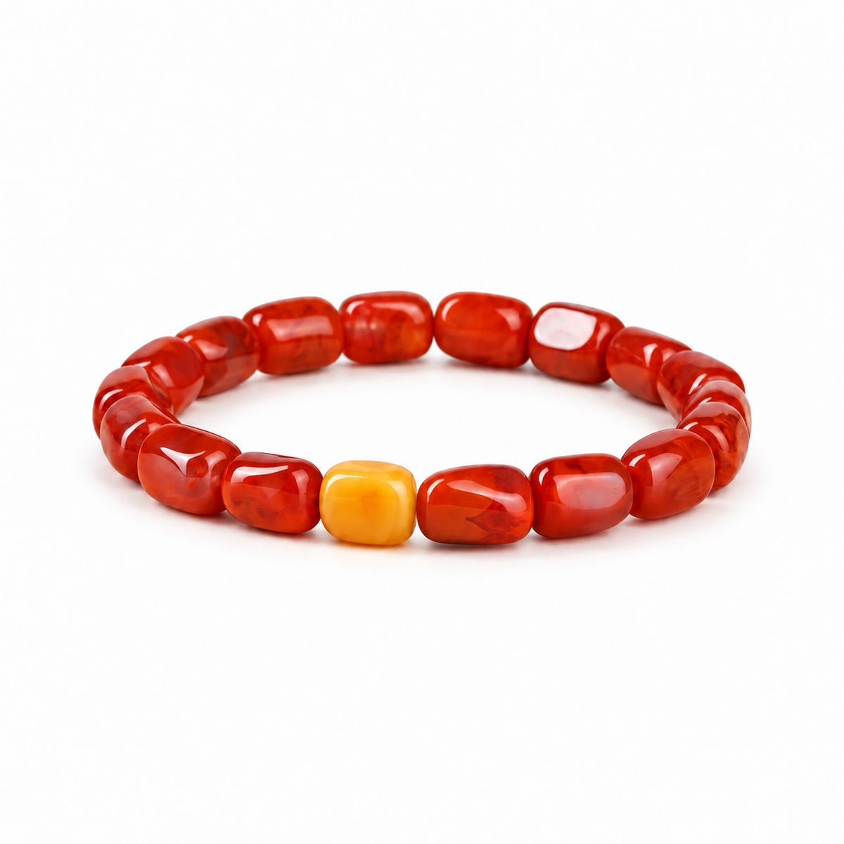 Nanhong red agate bracelet with a honey-yellow amber bead on white