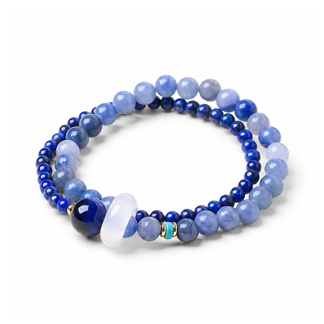 Moonlit Sea double-wrap blue bead bracelet on white