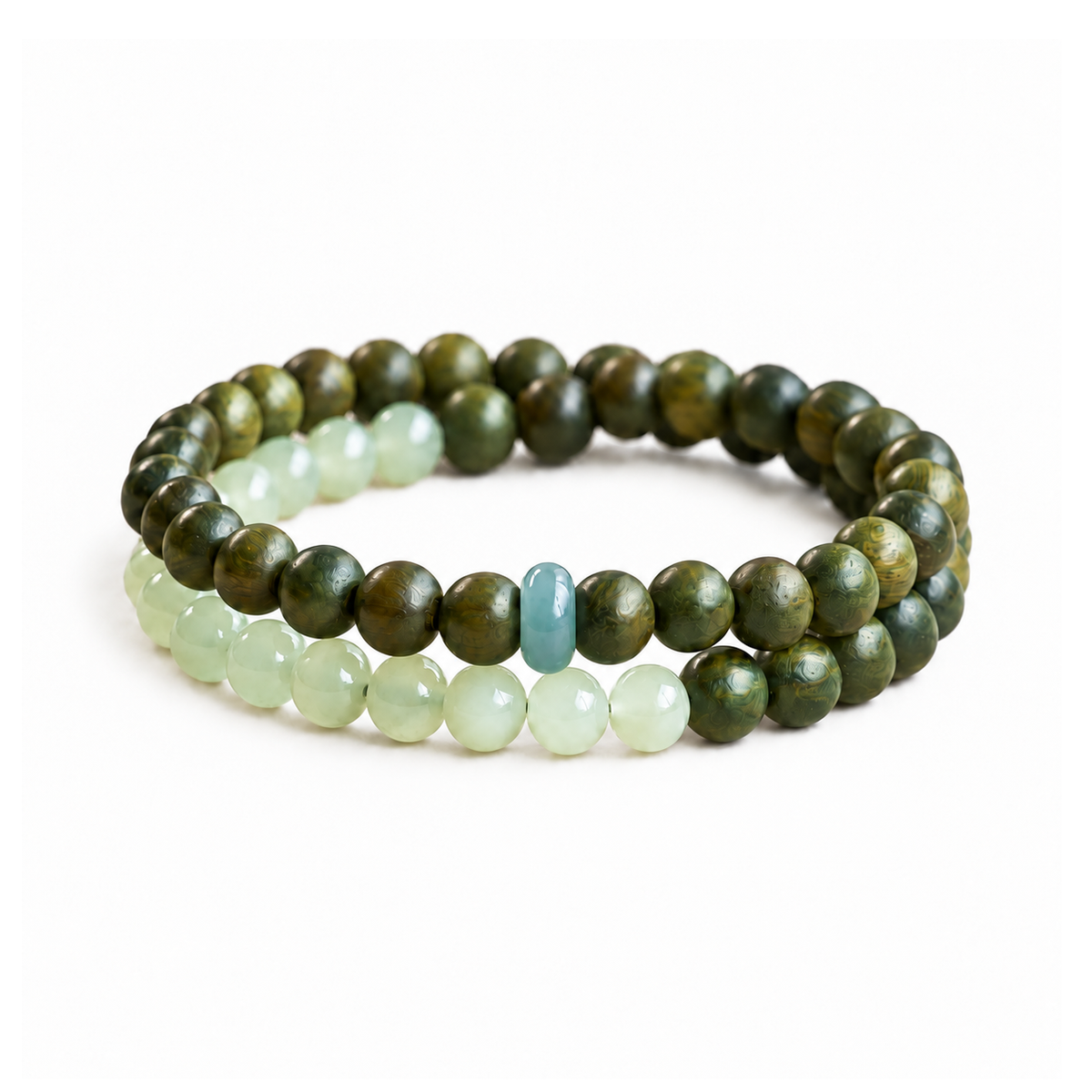 Green sandalwood and jade double-wrap bracelet on white background