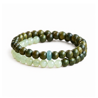 Green sandalwood and jade double-wrap bracelet on white background