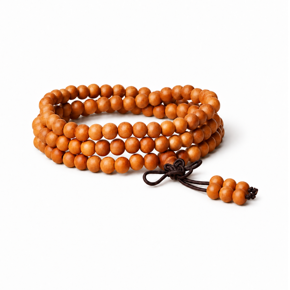 Peach wood multi-wrap bead bracelet with dark cord knot on white