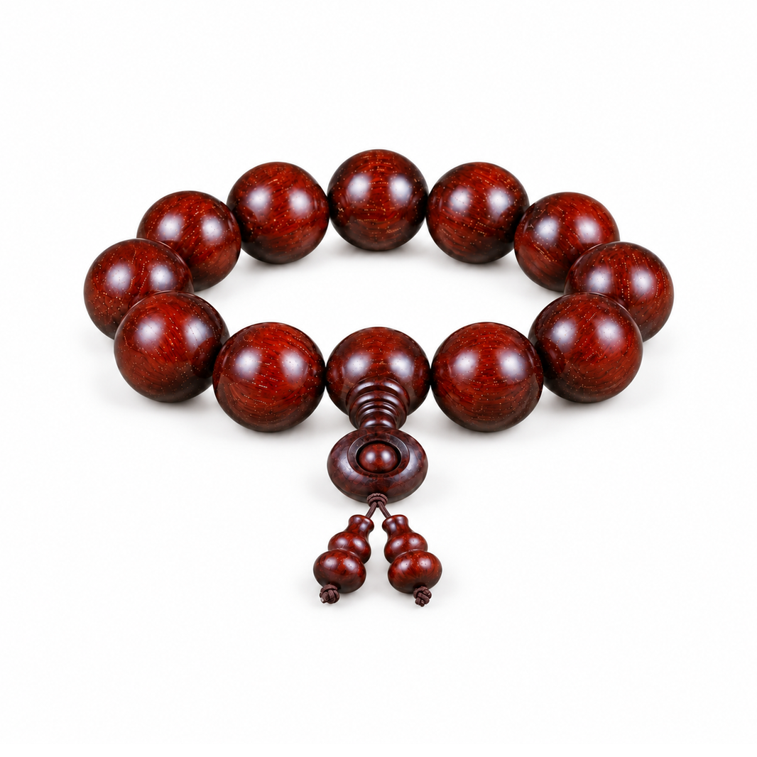 Red Sandalwood Bracelet with Ring & Gourd Details on a white background