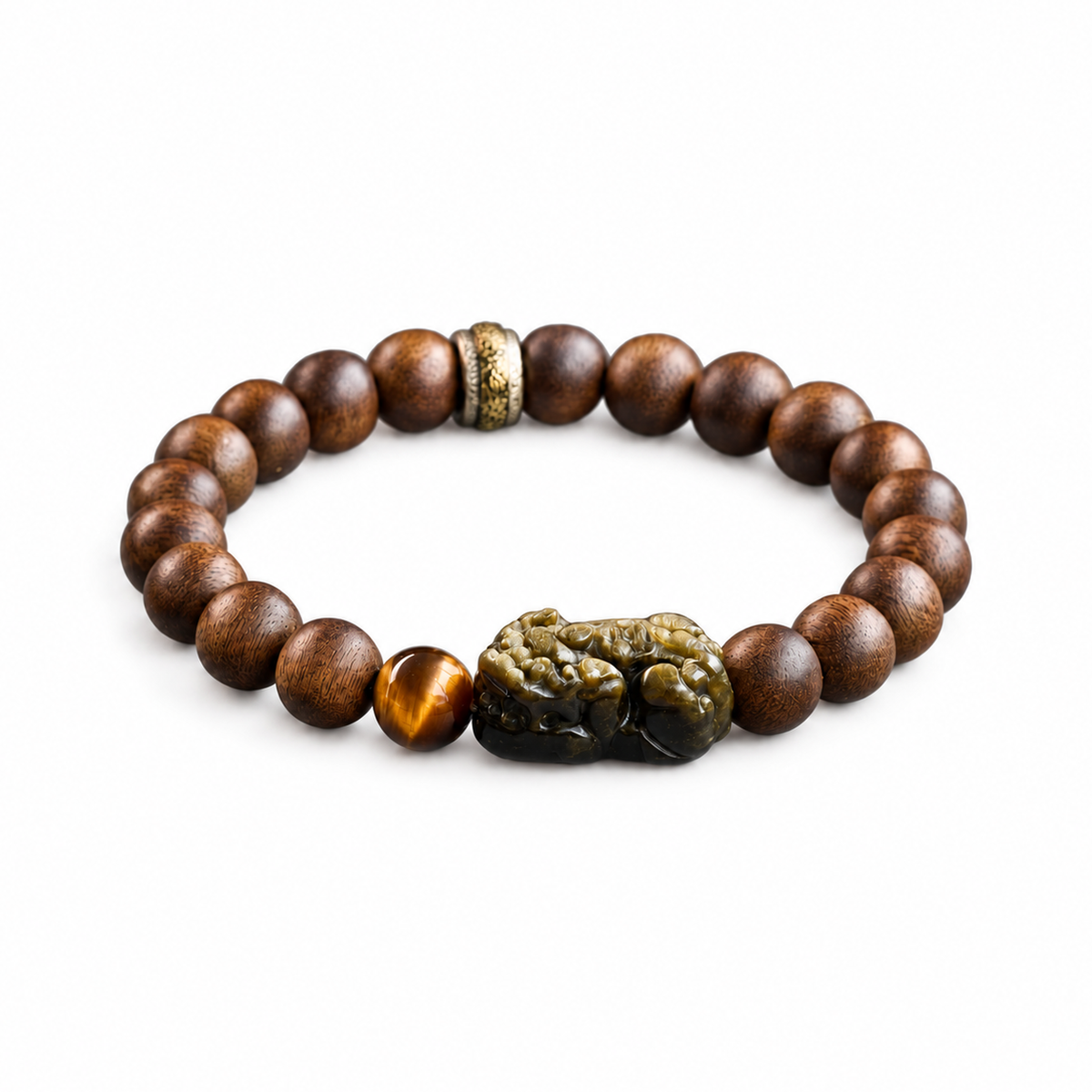 8mm agarwood bracelet with carved Pixiu centerpiece on white background