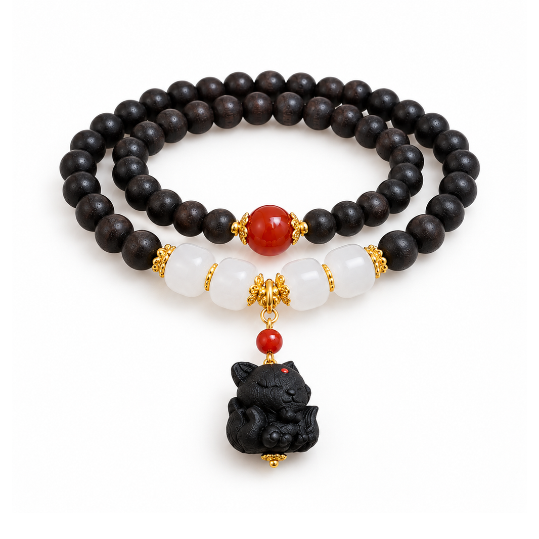 Double-wrap 6 mm agarwood bracelet with white barrel accents, red bead and black fox charm