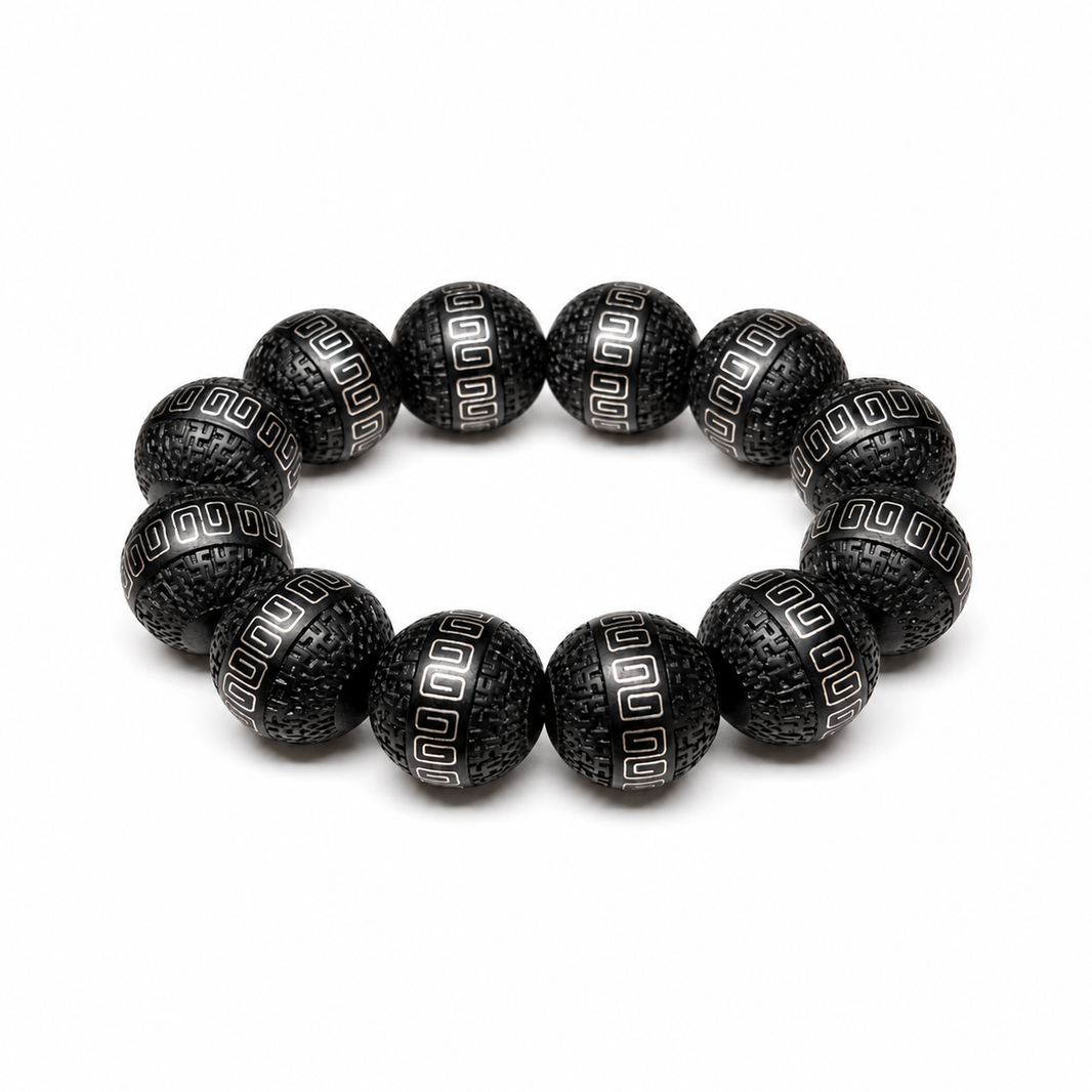 20 mm black wood bracelet with twelve carved beads and silver-tone geometric inlay