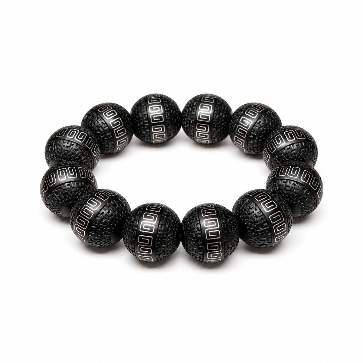 20 mm black wood bracelet with twelve carved beads and silver-tone geometric inlay
