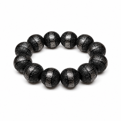 20 mm black wood bracelet with twelve carved beads and silver-tone geometric inlay