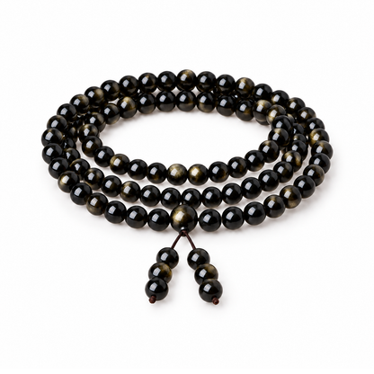 Golden sheen obsidian 108-bead multi-wrap bracelet with front-facing beaded cord tails