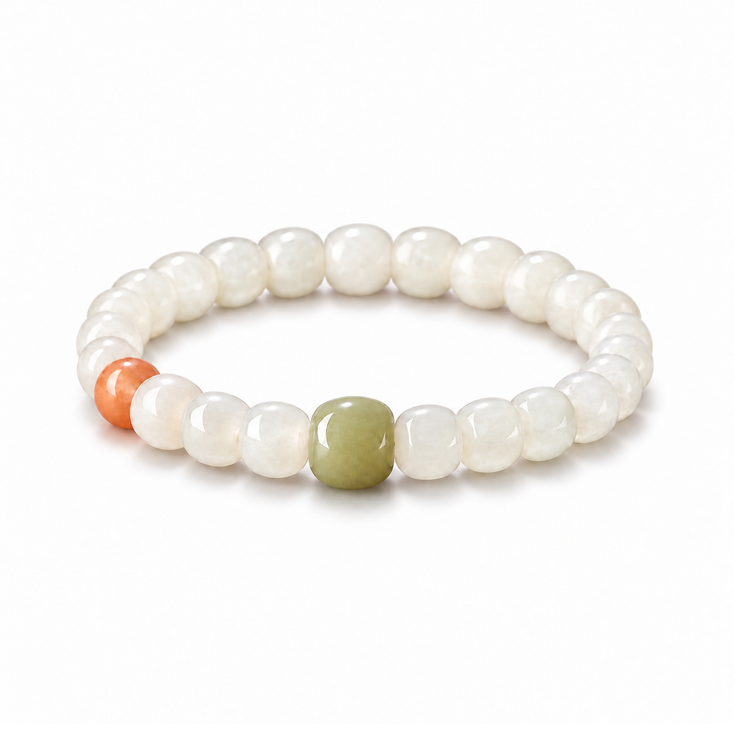 Hetian jade barrel bead bracelet with orange and green accents on white