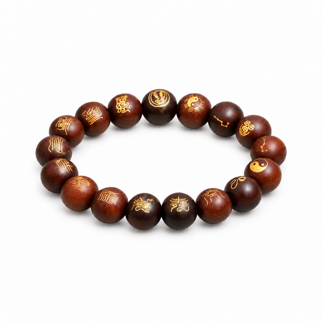 Jujube Wood Bracelet with Gold-Tone Carvings – 12mm on a white background