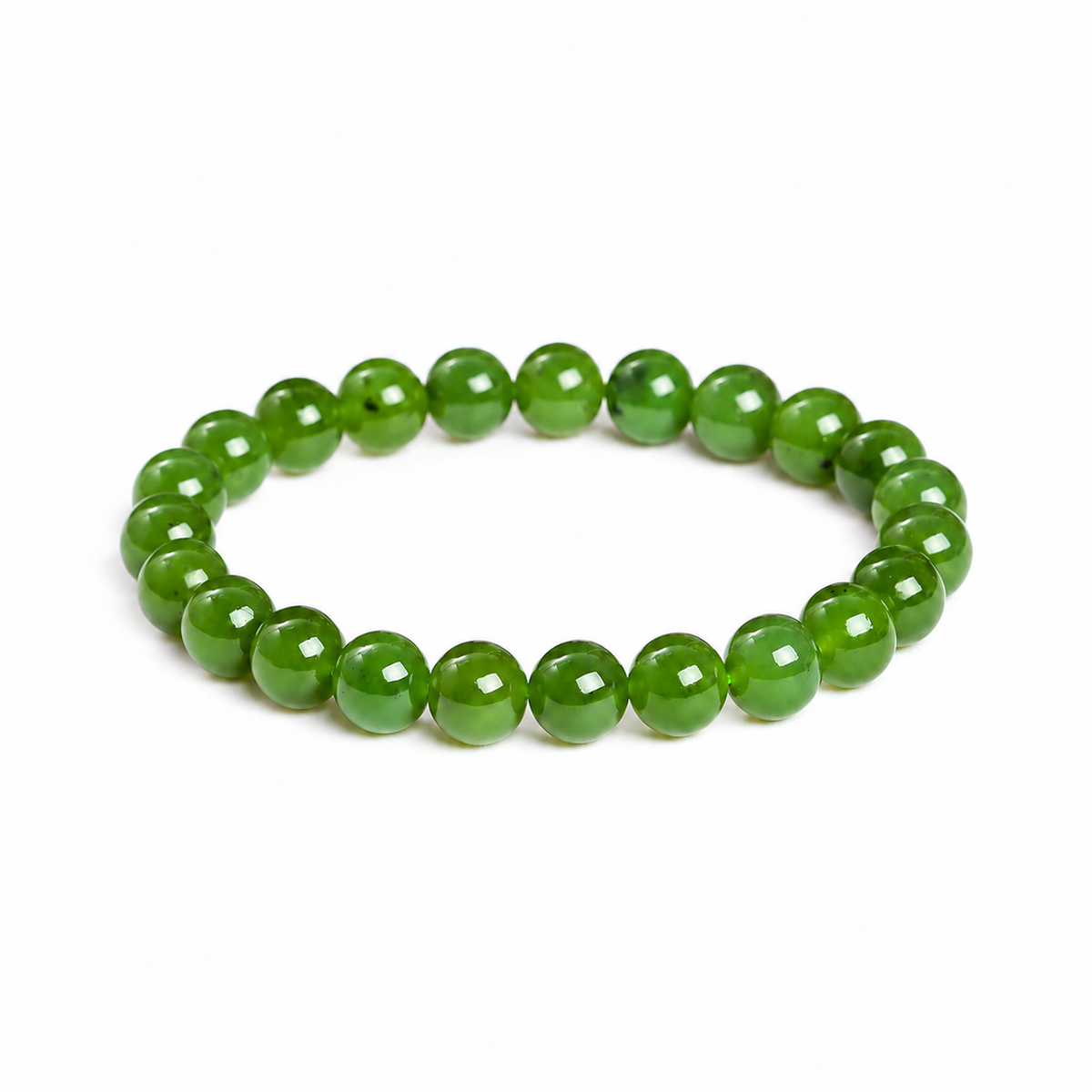 Green Hetian jade round bead bracelet on white background