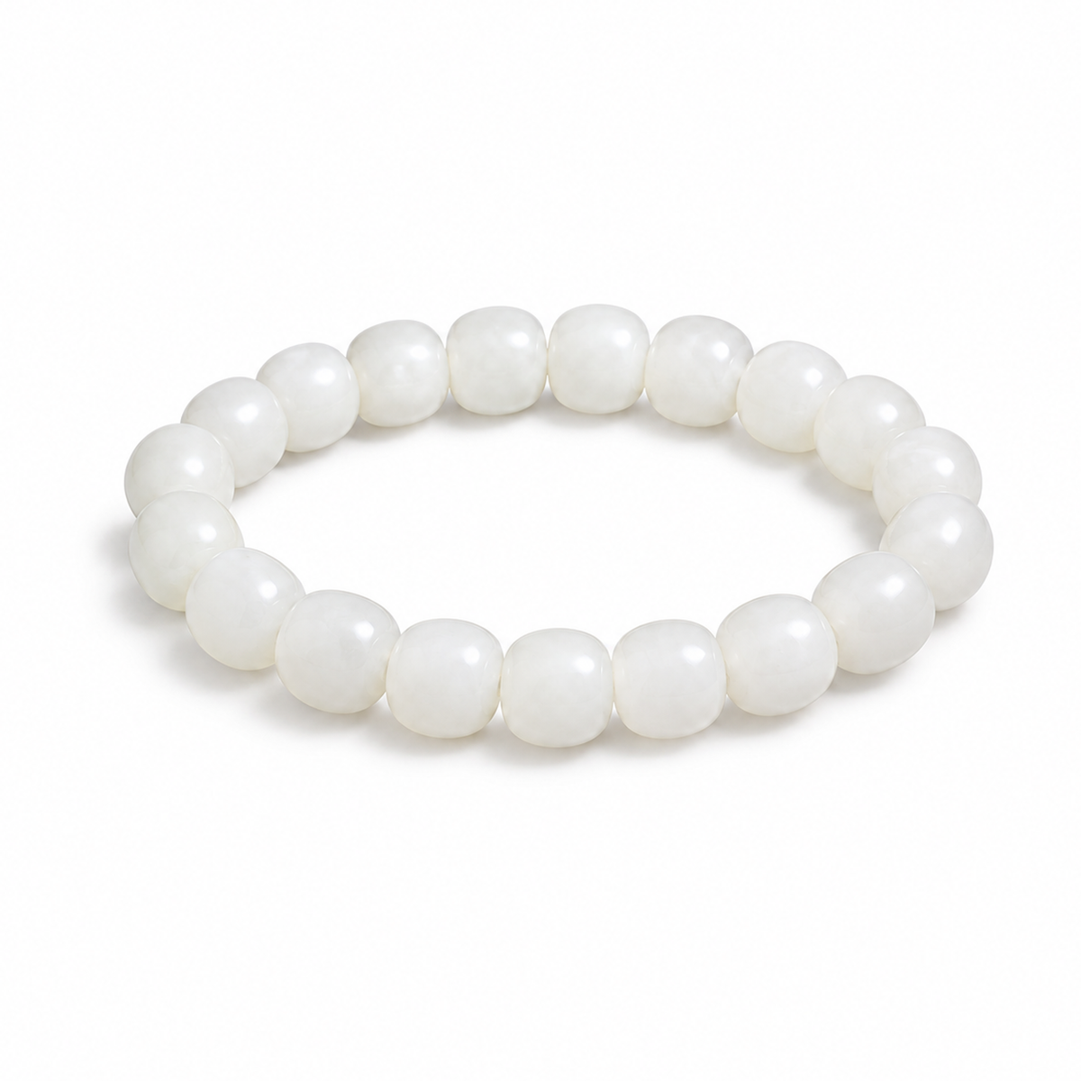 White Hetian jade 6 x 7 mm barrel bead bracelet on white background