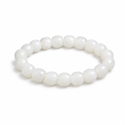 White Hetian jade 6 x 7 mm barrel bead bracelet on white background