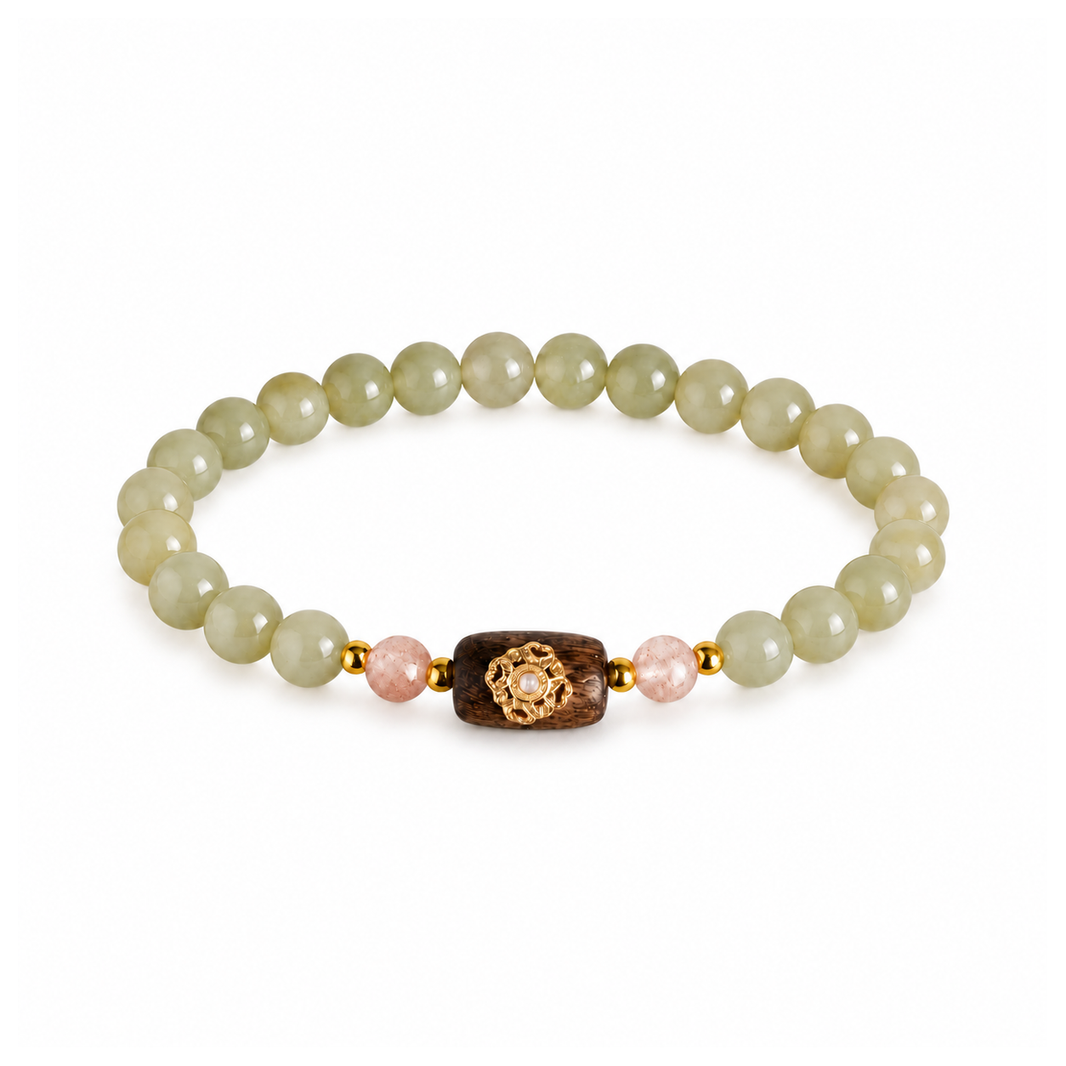 Hetian jade clover bracelet with muted olive-green beads and pink accents on white background
