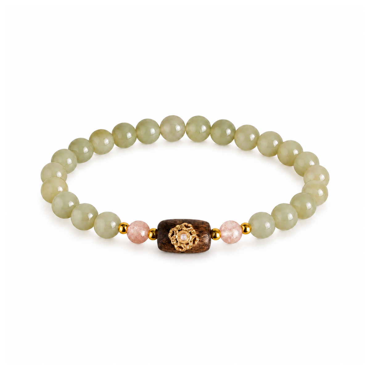 Hetian jade clover bracelet with muted olive-green beads and pink accents on white background