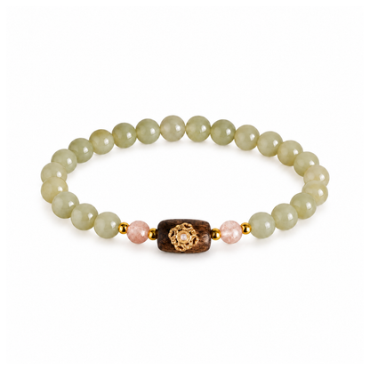 Hetian jade clover bracelet with muted olive-green beads and pink accents on white background