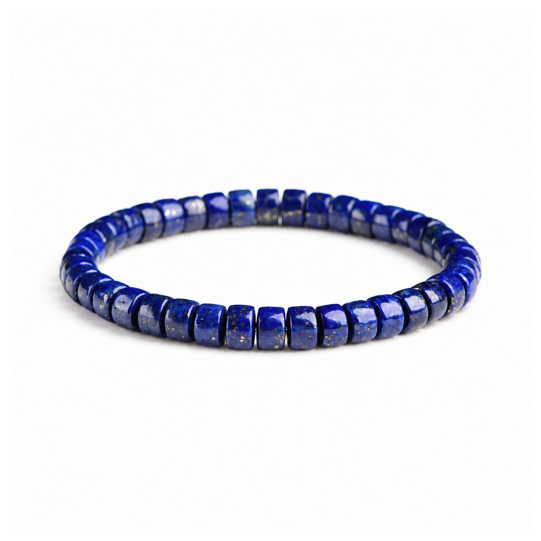 Natural lapis lazuli disc bead bracelet on white background