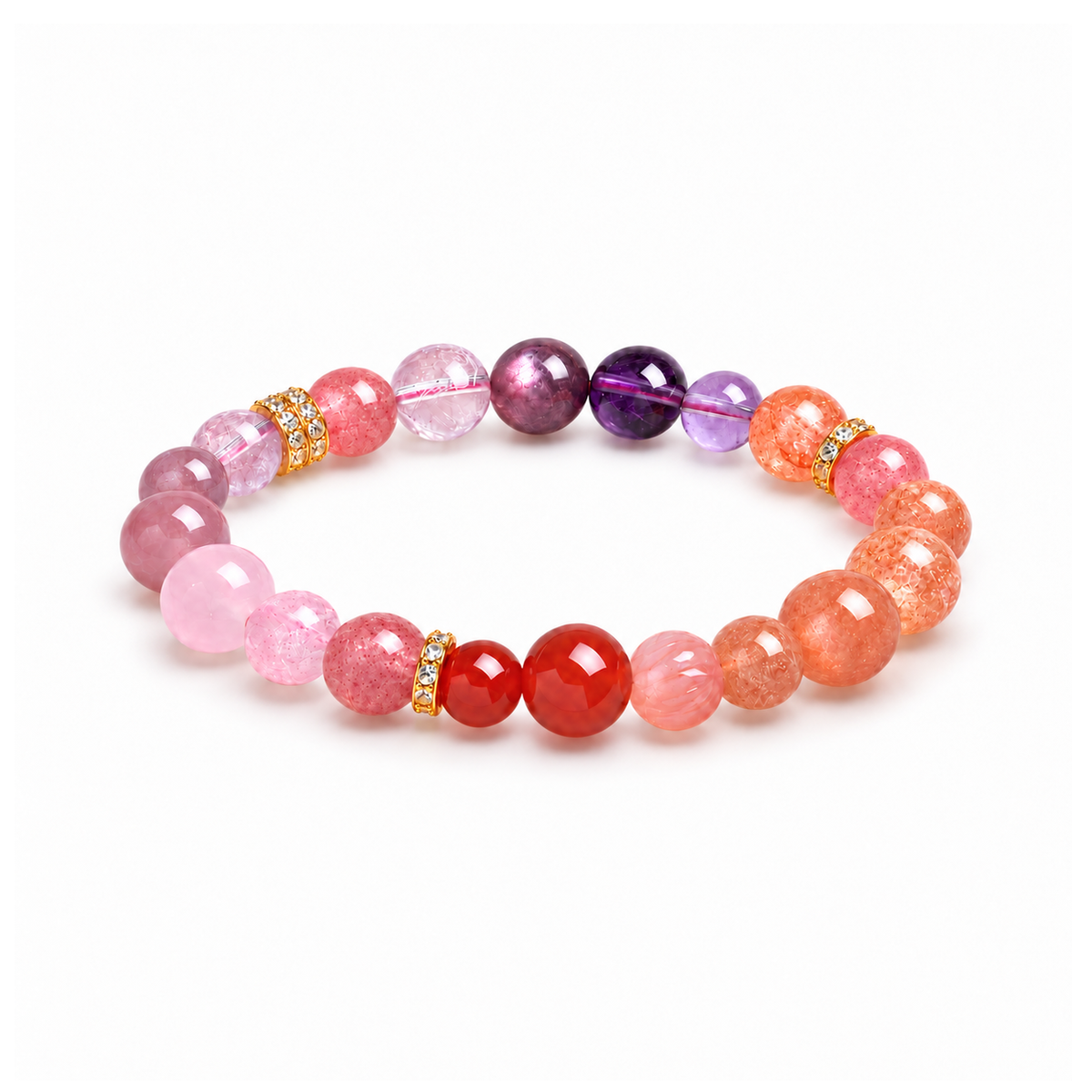 Five Elements mixed crystal bracelet on white, horizontal oval arrangement