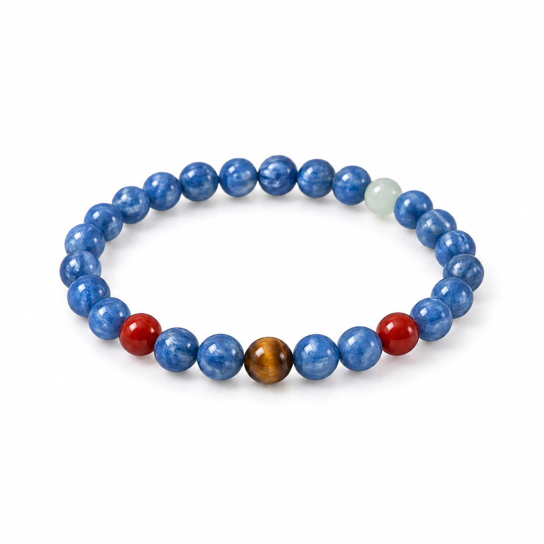 Blue kyanite bracelet with red and contrasting accent beads