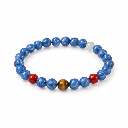 Blue kyanite bracelet with red and contrasting accent beads