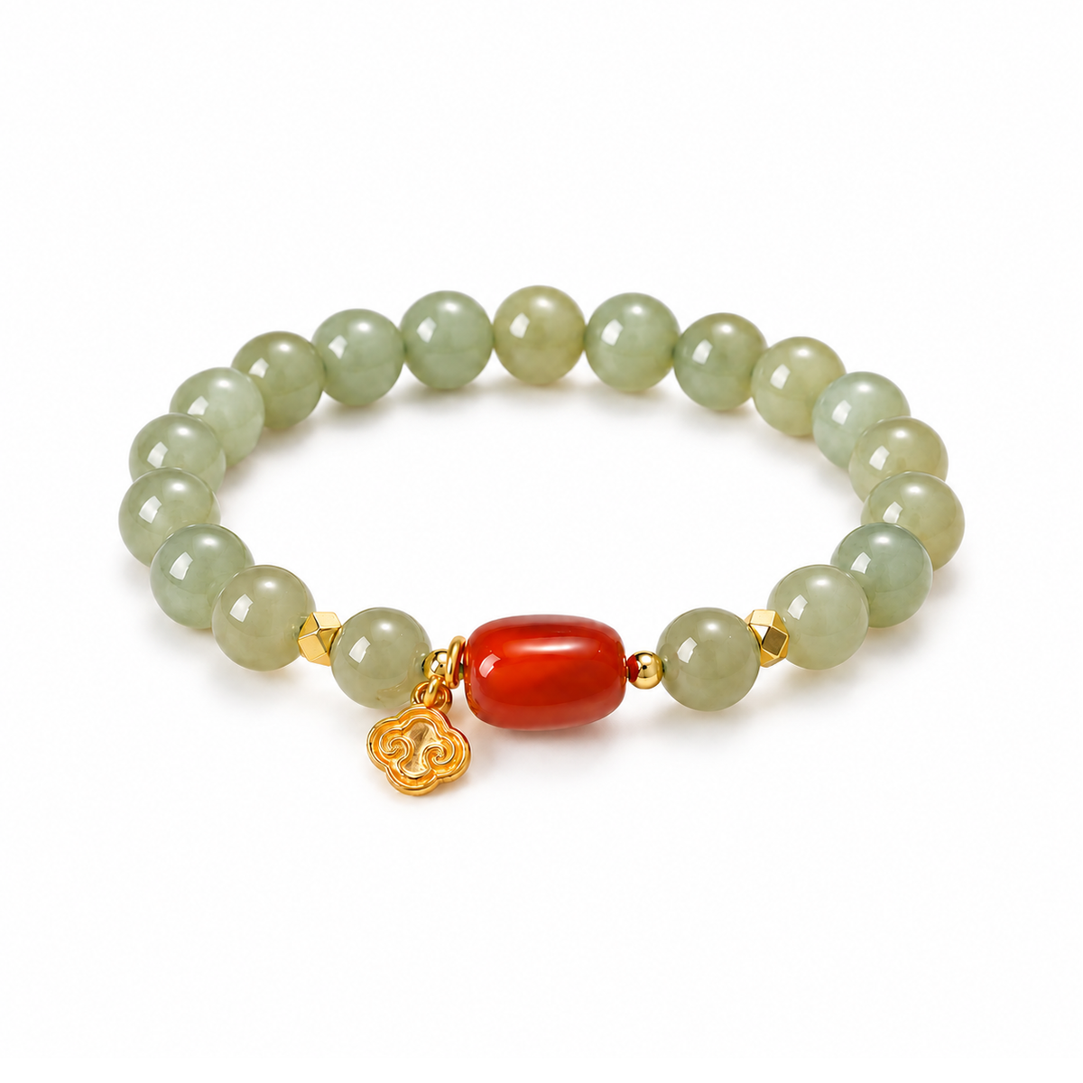 Hetian jade bracelet with red agate barrel bead and cloud charm