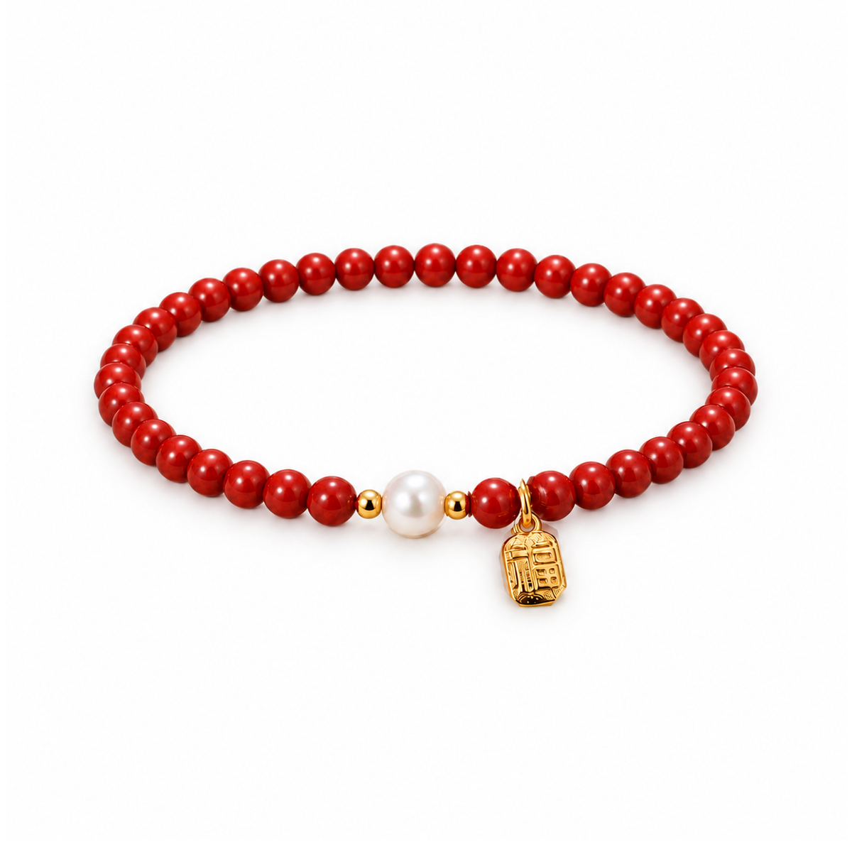 4mm Cinnabar-Style & Freshwater Pearl Bracelet on white background