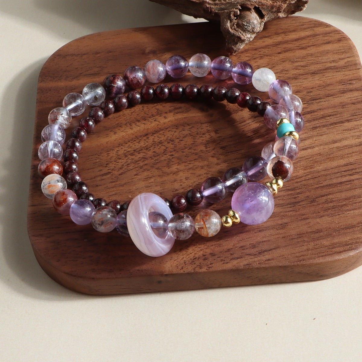 Purple Phantom & Garnet Sliding Ring crystal double-wrap bracelet — original product photograph