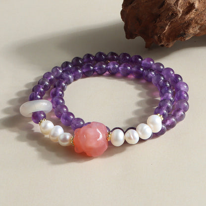 Amethyst double-wrap bracelet with freshwater pearls and pink fox carving