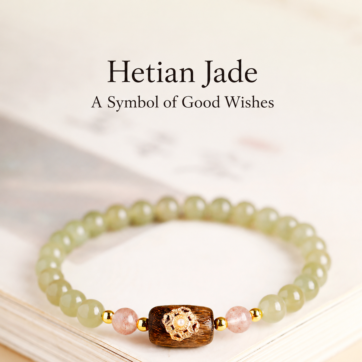 Hetian jade clover bracelet with pink accent beads